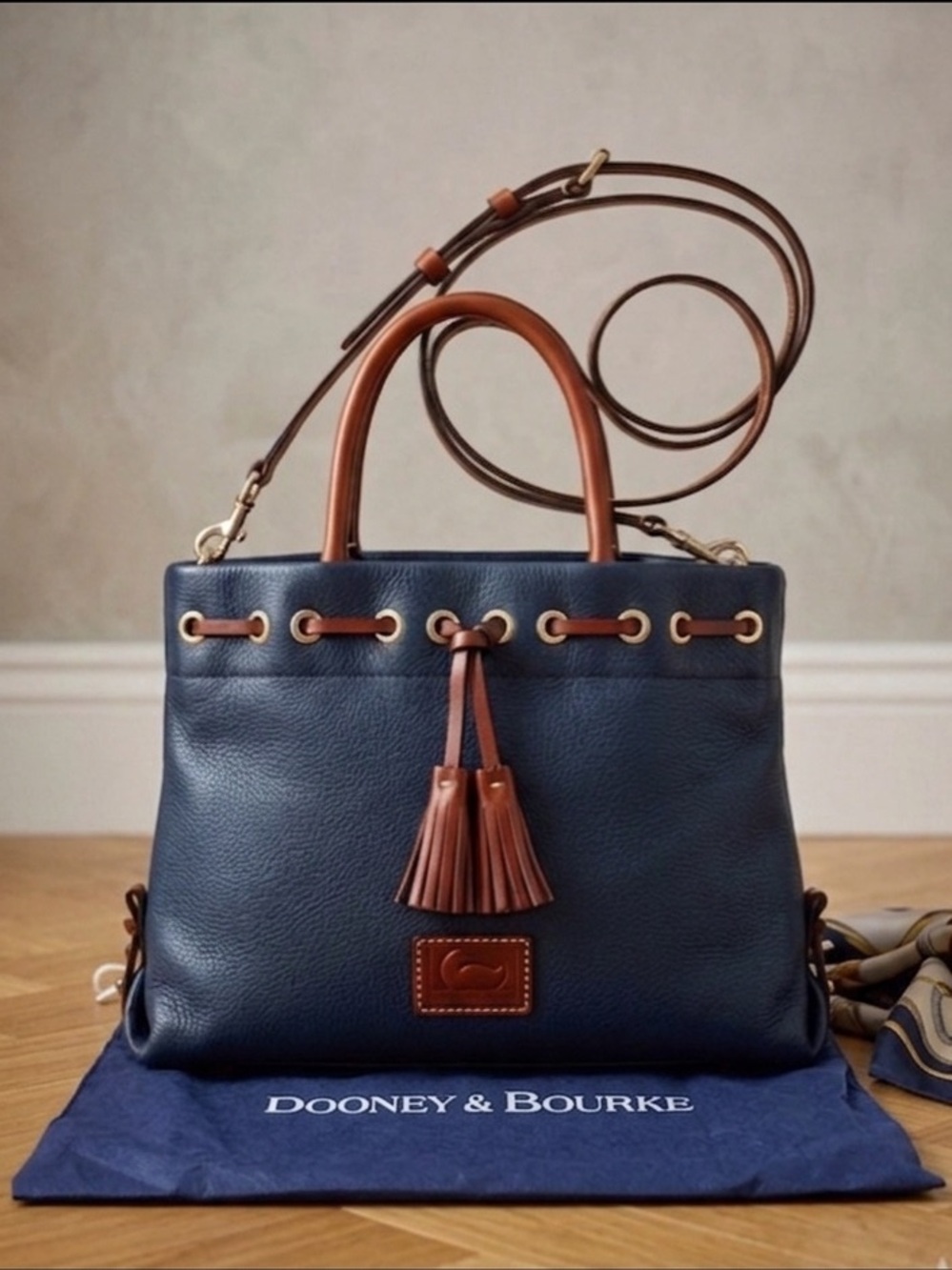 Dooney & Bourke Wakefield Tassel Tote Navy Pebbled Leather + Dust Bag Excellent